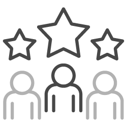 Three people beneath stars, representing ratings or feedback.