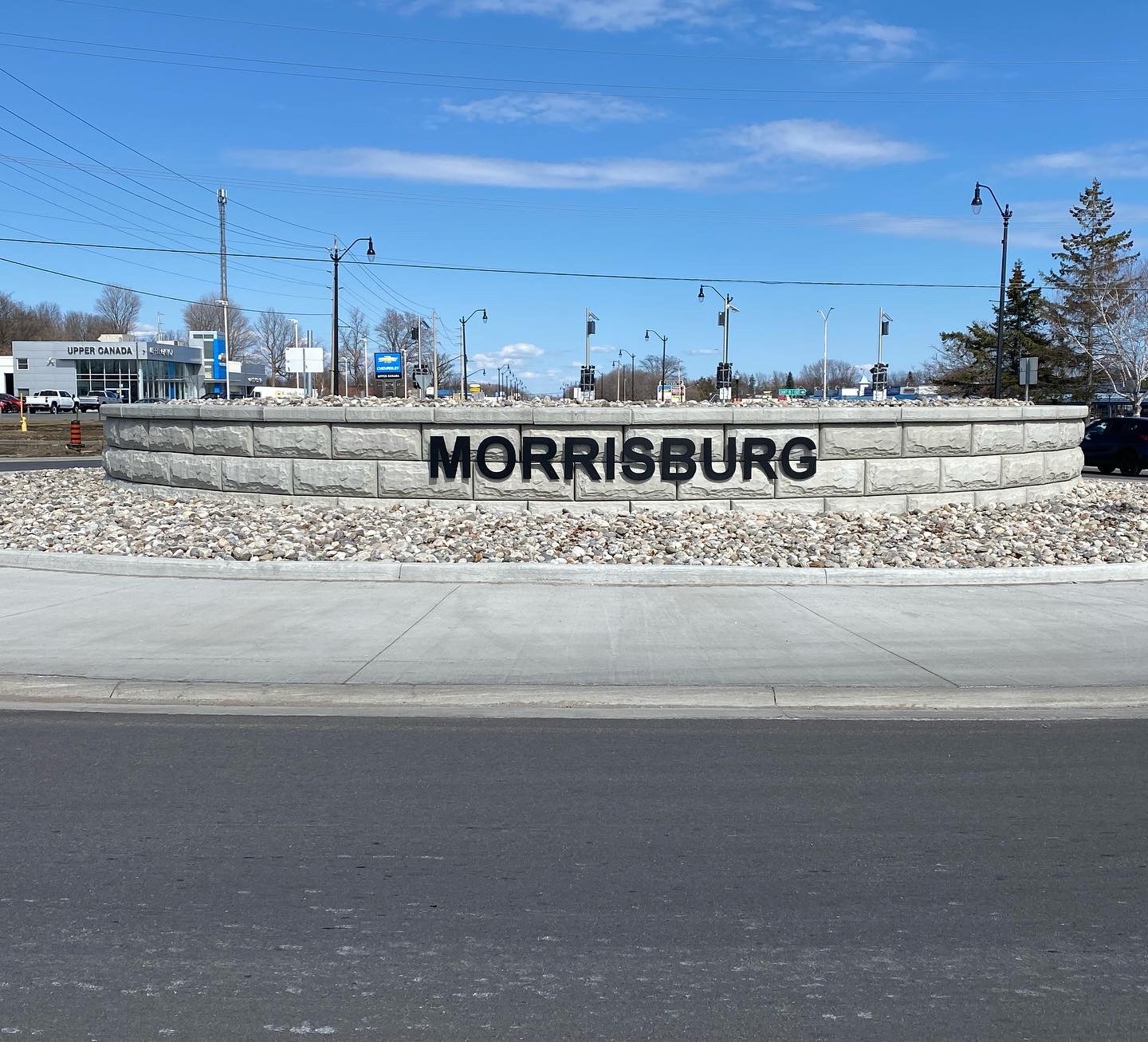 Morrisburg stone sign on a sunny day.