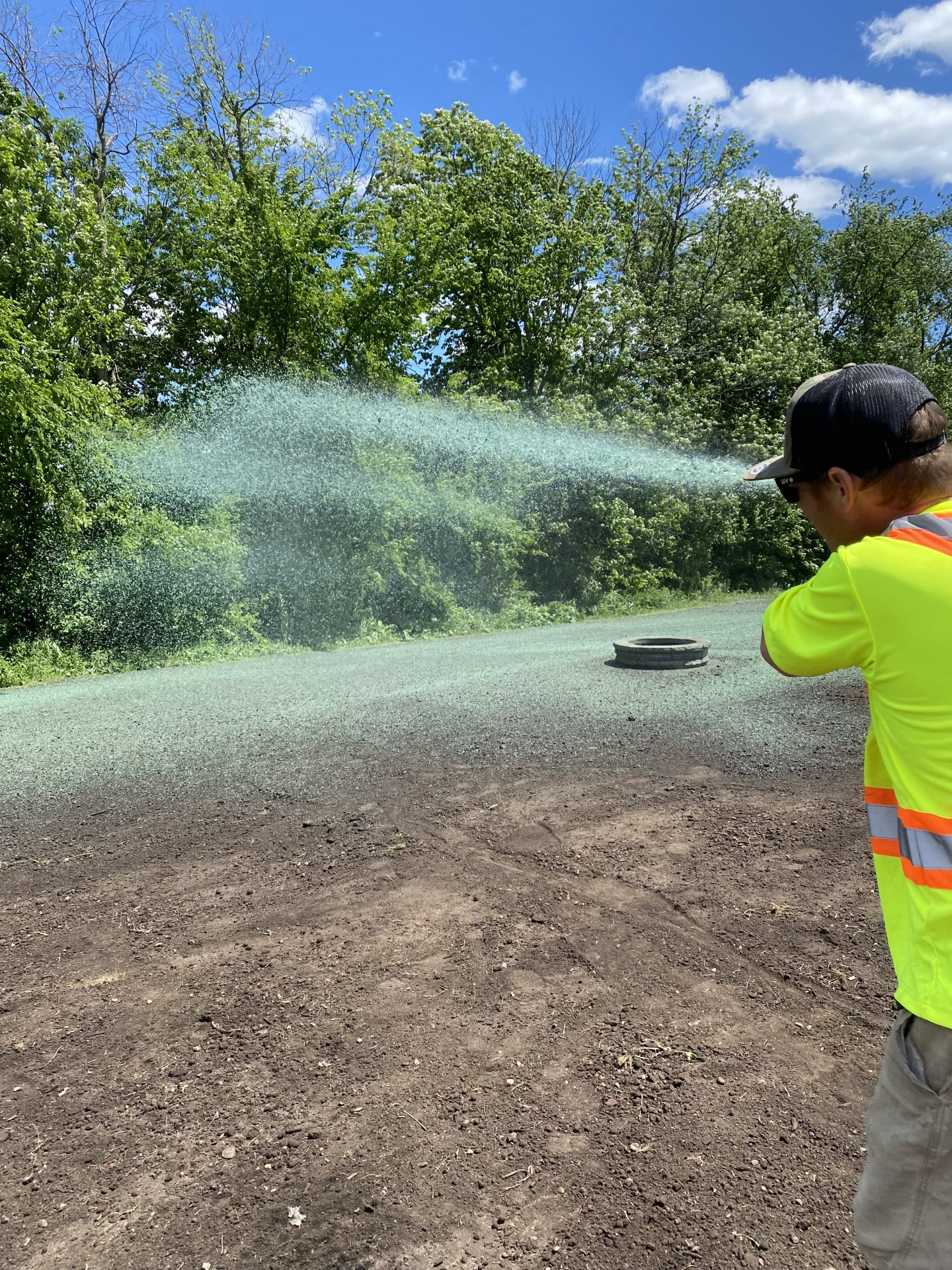 Worker spraying grass seed on soil beside trees.