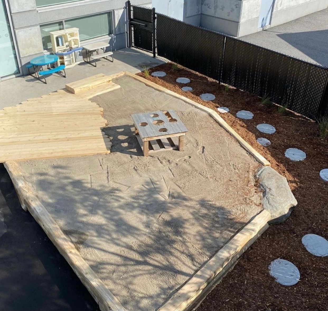Children's playground with sandbox and picnic table.