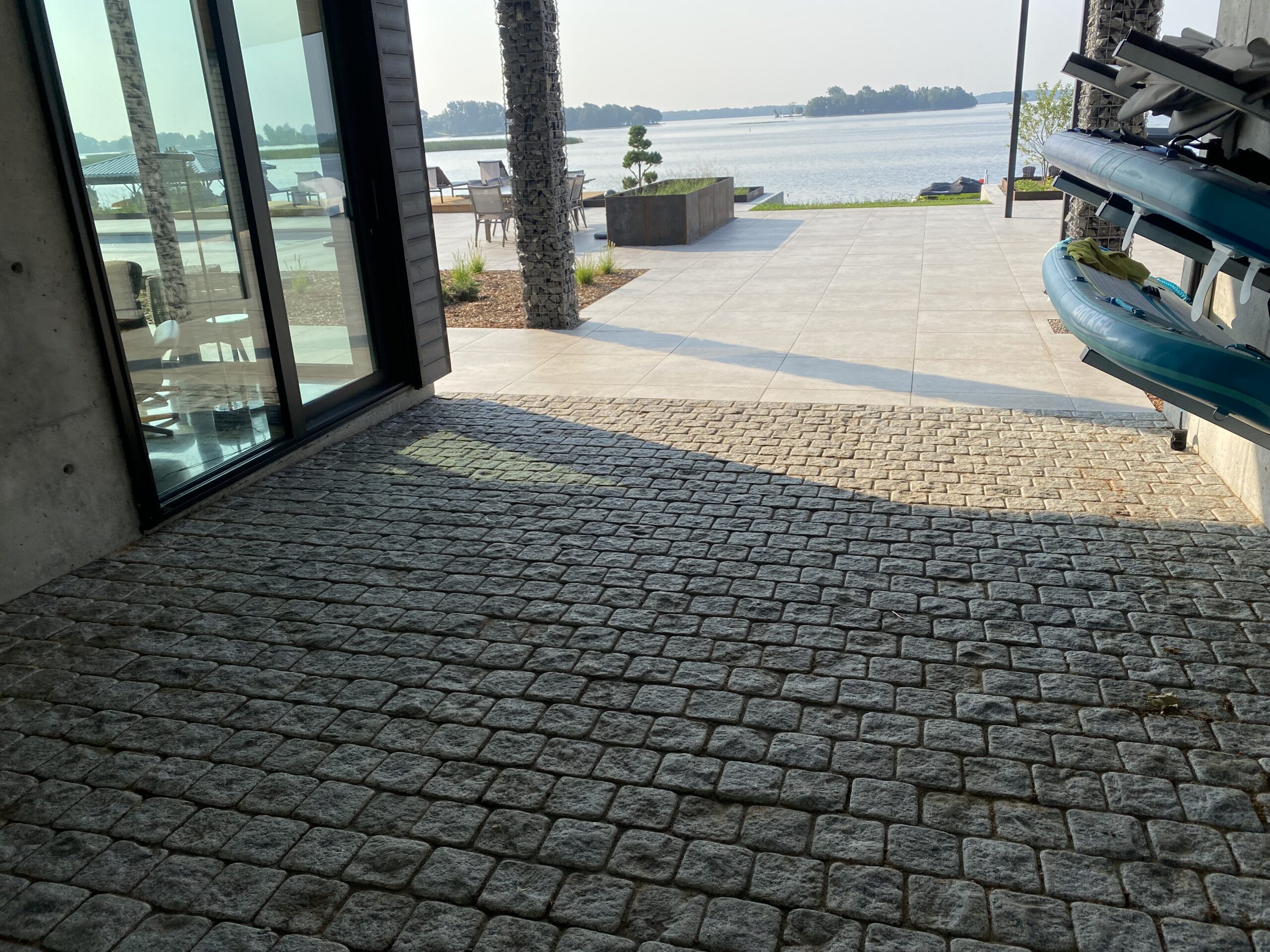 Stone path leading to lake view patio.