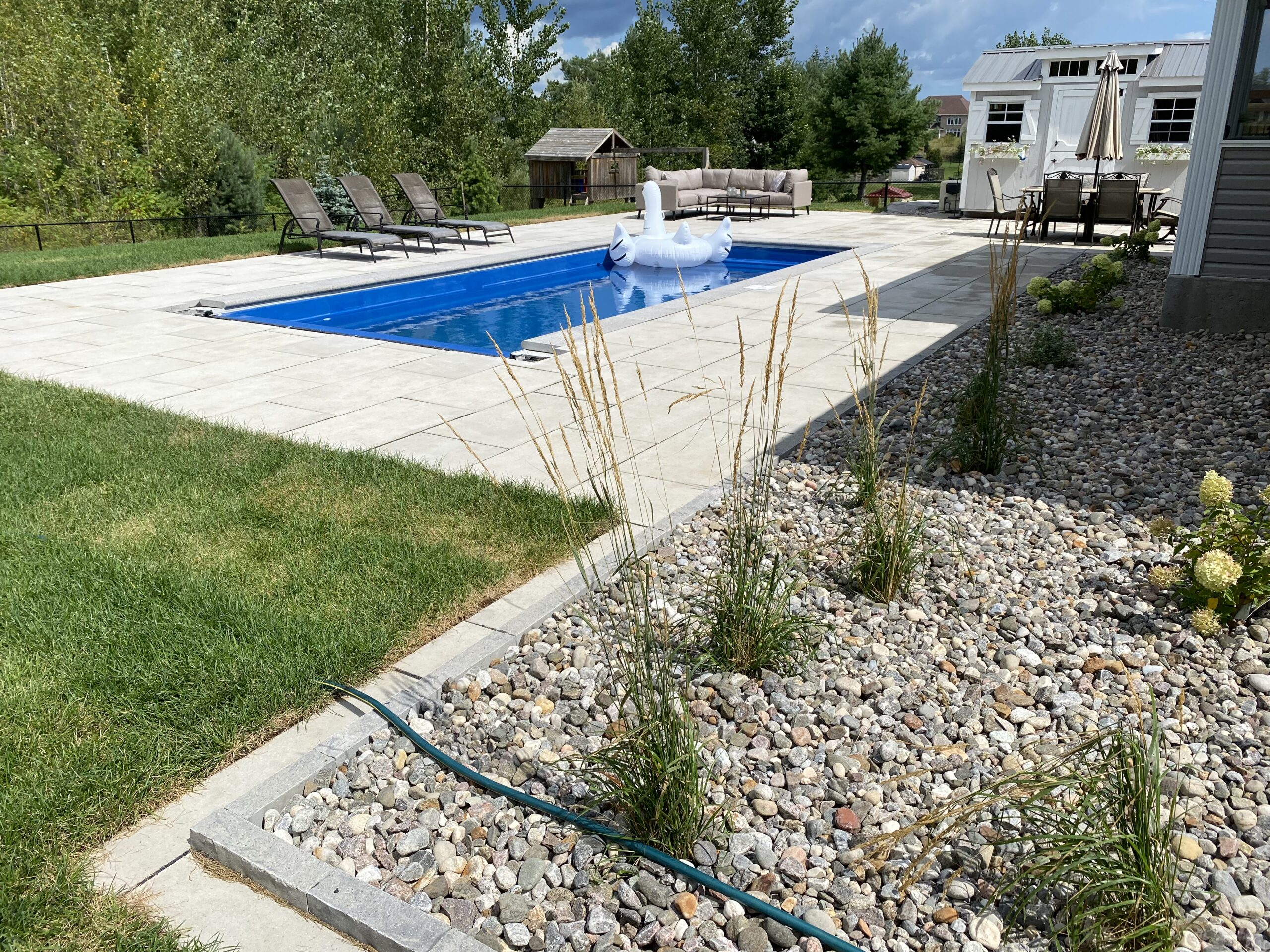 Backyard pool with lounge chairs and inflatable swan.