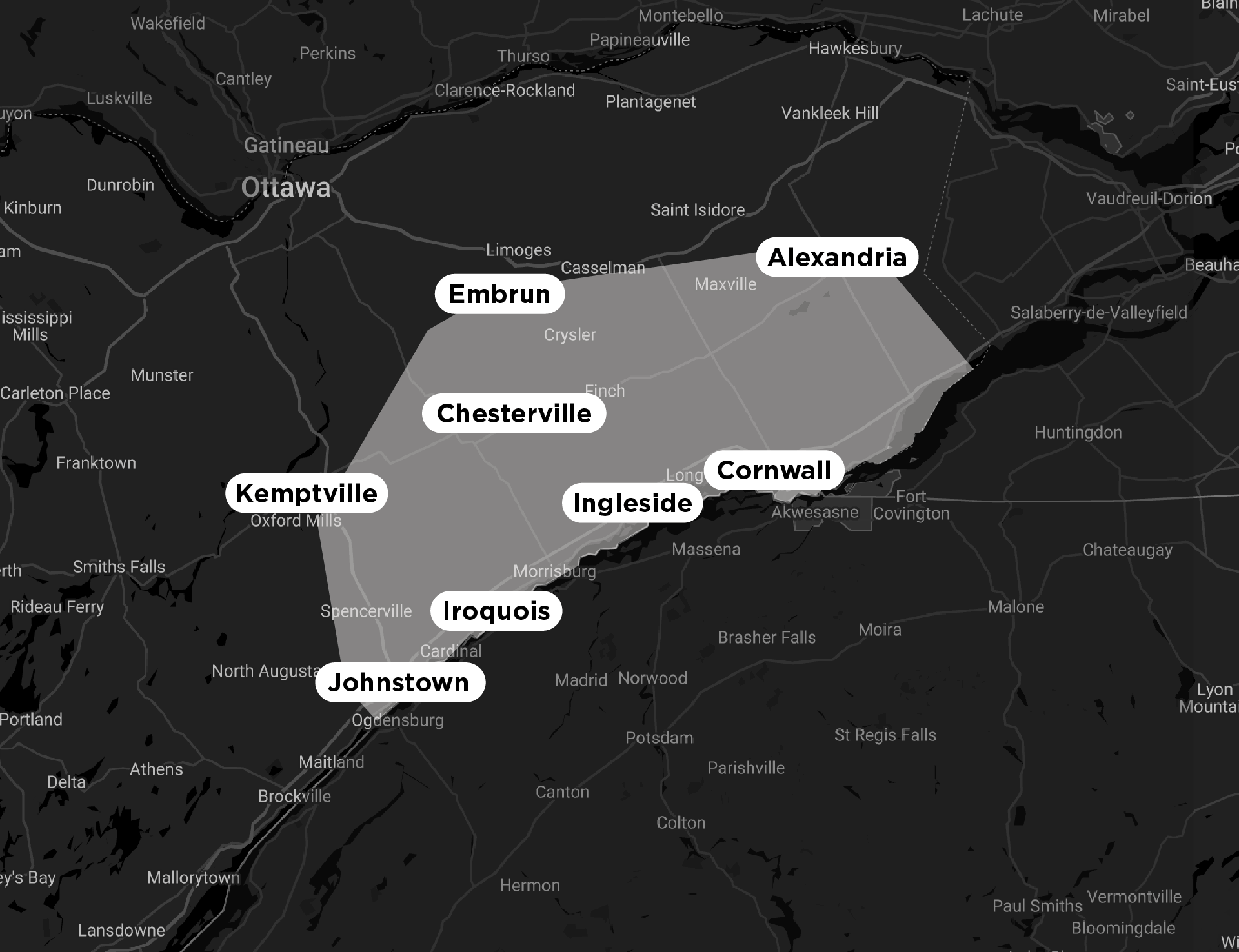 Map highlighting cities in Eastern Ontario, Canada.